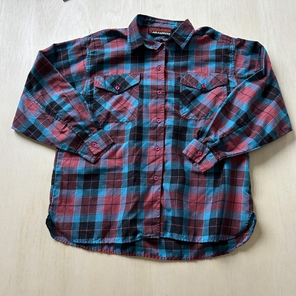 Vintage Air Express Shirt Boys 14 Red Blue Plaid Flannel Long Sleeve Button Up